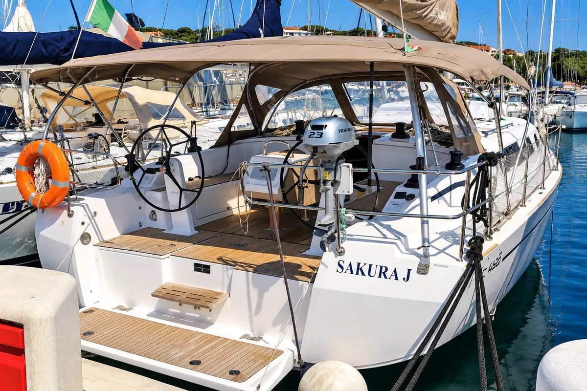 Exterior view of Sakura J, a Bavaria 42 sailboat at Punta Ala, Italy