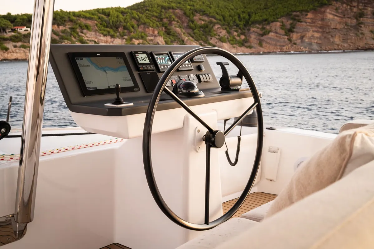 Cockpit of Corto Maltese II, a Bali 5.8 catamaran at Olbia, Italy