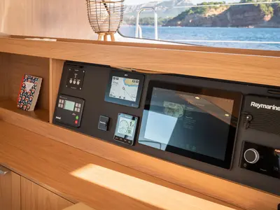 Cockpit of Corto Maltese II, a Bali 5.8 catamaran at Olbia, Italy