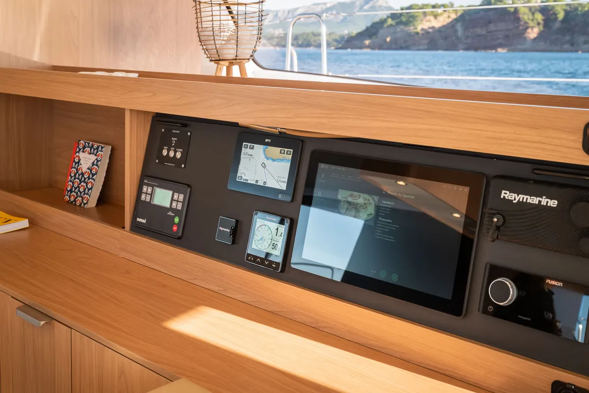 Cockpit of Corto Maltese II, a Bali 5.8 catamaran at Olbia, Italy