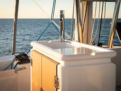 Deck of Corto Maltese II, a Bali 5.8 catamaran at Olbia, Italy