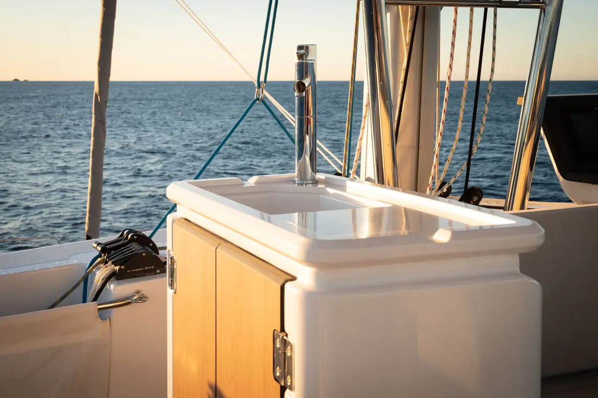 Deck of Corto Maltese II, a Bali 5.8 catamaran at Olbia, Italy