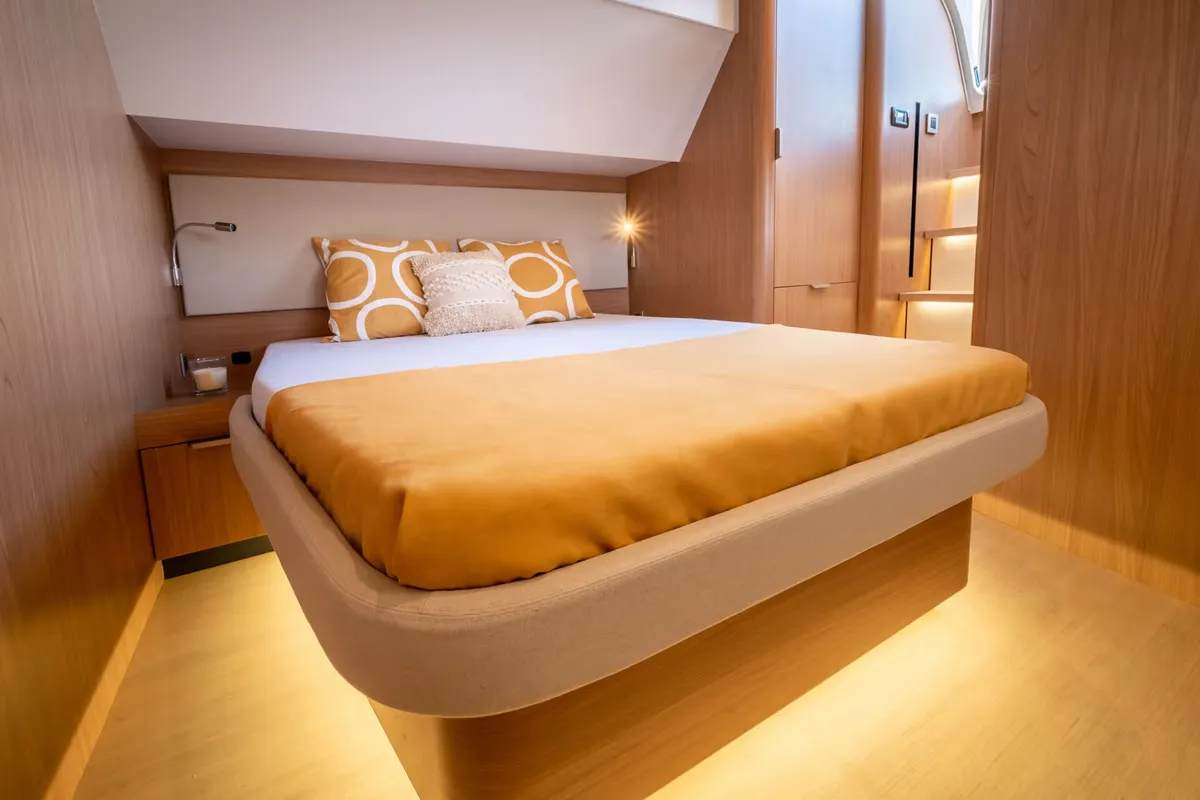 Cabin on Corto Maltese II, a Bali 5.8 catamaran at Olbia, Italy