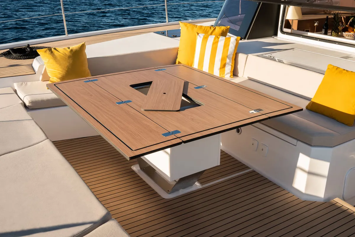 Deck of Corto Maltese II, a Bali 5.8 catamaran at Olbia, Italy