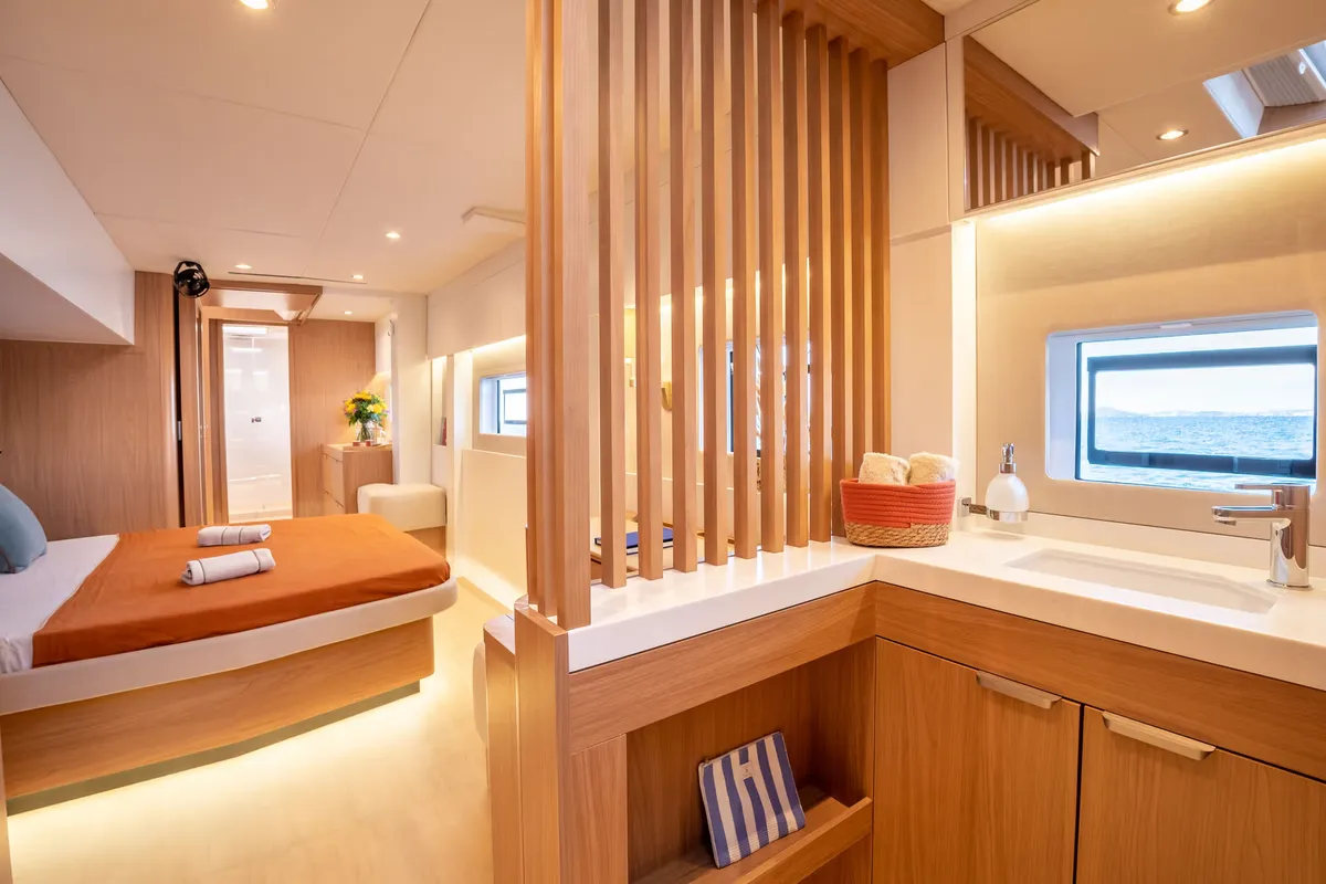 Cabin on Corto Maltese II, a Bali 5.8 catamaran at Olbia, Italy