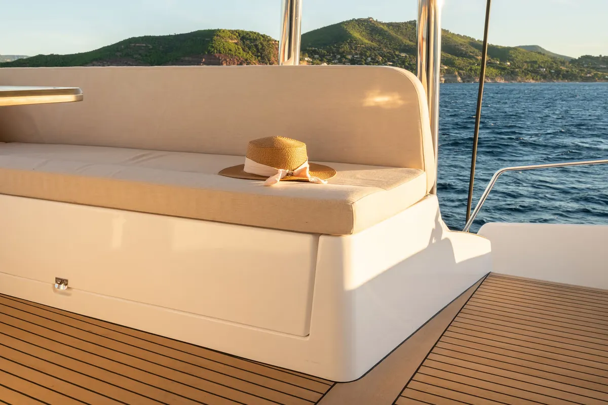 Deck of Corto Maltese II, a Bali 5.8 catamaran at Olbia, Italy