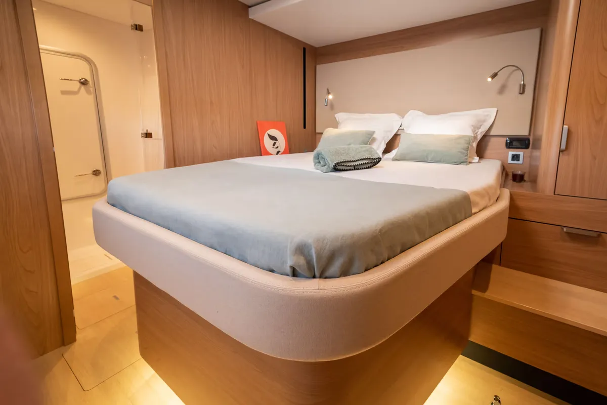 Cabin on Corto Maltese II, a Bali 5.8 catamaran at Olbia, Italy