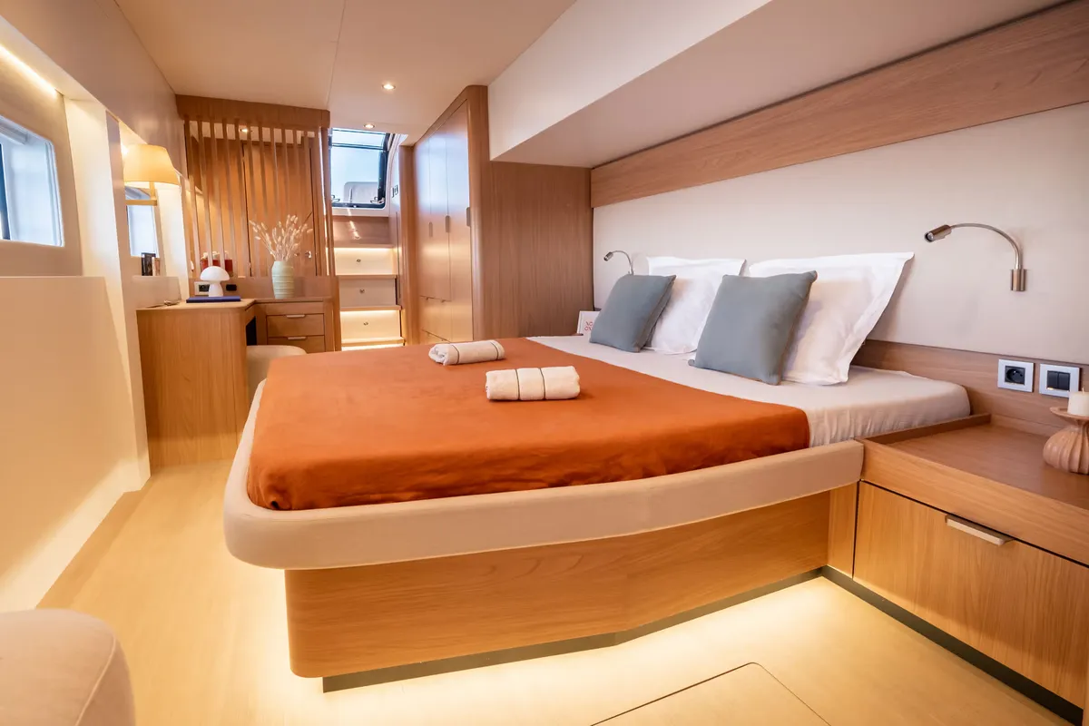 Cabin on Corto Maltese II, a Bali 5.8 catamaran at Olbia, Italy