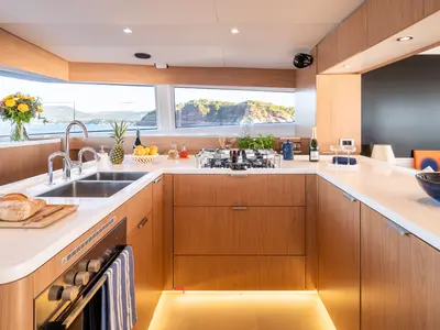 Galley of Corto Maltese II, a Bali 5.8 catamaran at Olbia, Italy