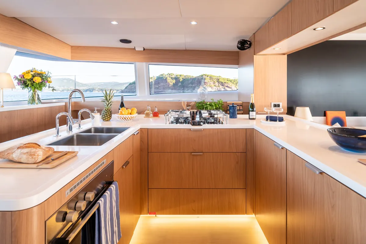 Galley of Corto Maltese II, a Bali 5.8 catamaran at Olbia, Italy