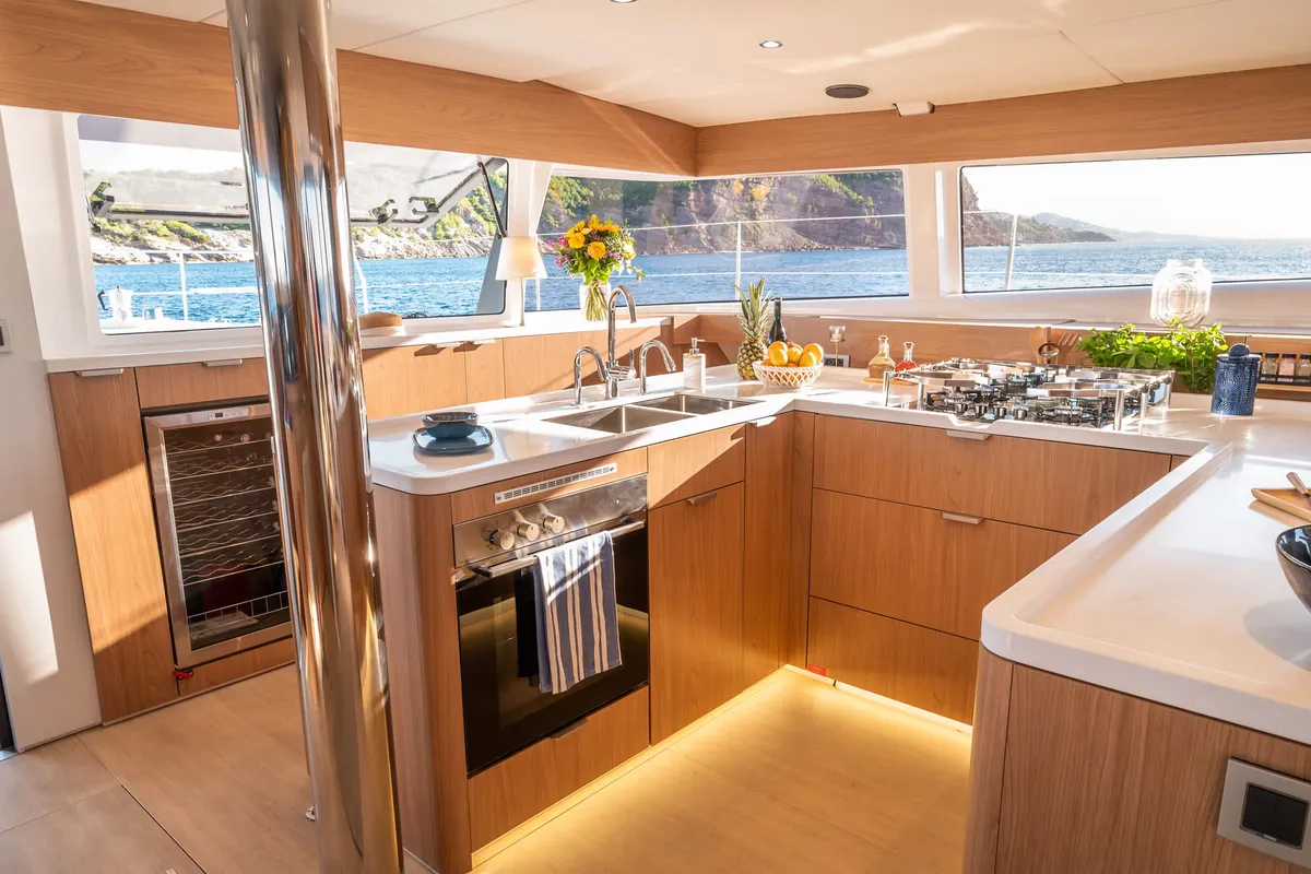 Galley of Corto Maltese II, a Bali 5.8 catamaran at Olbia, Italy