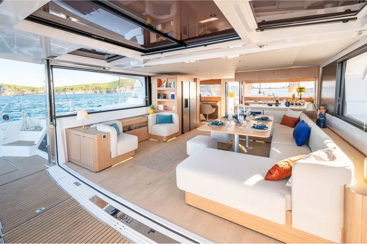 Salon of Corto Maltese II, a Bali 5.8 catamaran at Olbia, Italy