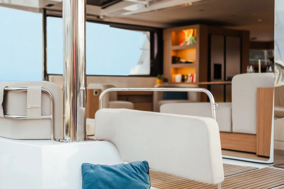 Deck of Corto Maltese II, a Bali 5.8 catamaran at Olbia, Italy