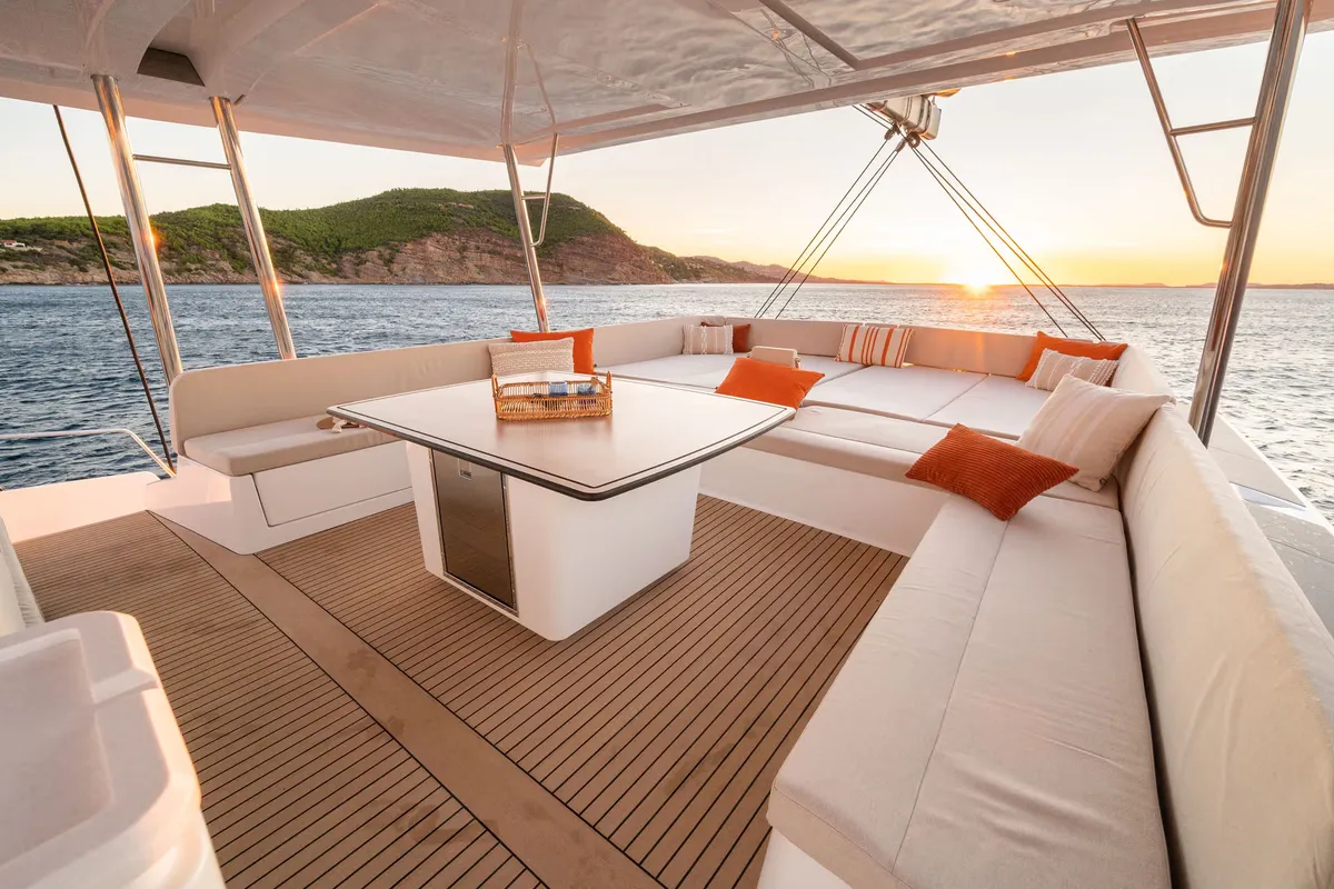 Deck of Corto Maltese II, a Bali 5.8 catamaran at Olbia, Italy