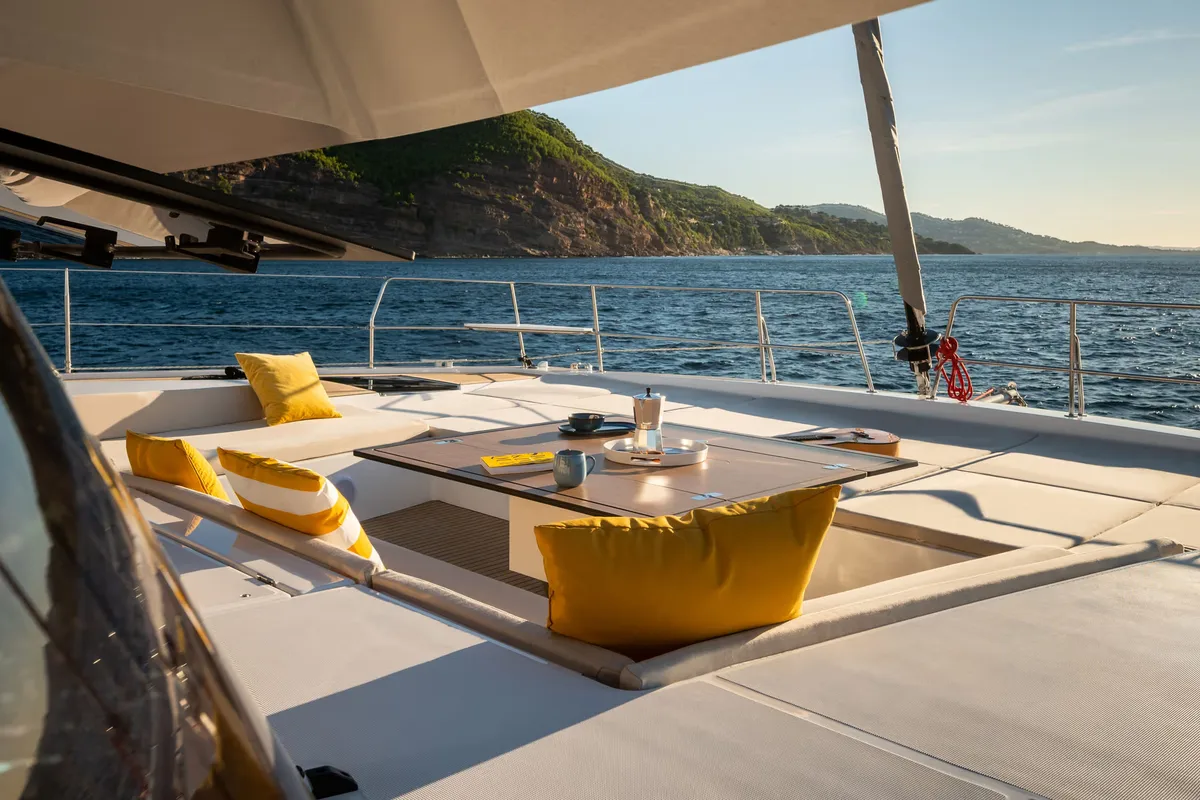 Deck of Corto Maltese II, a Bali 5.8 catamaran at Olbia, Italy