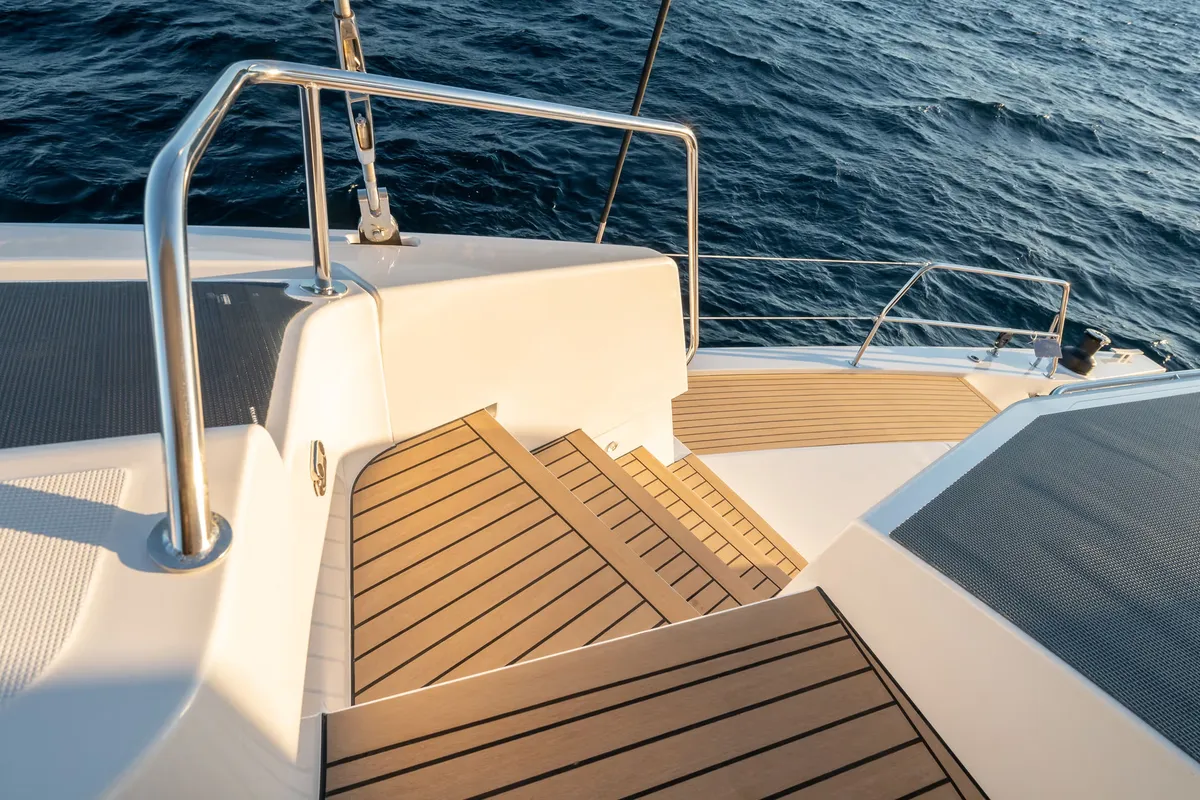 Deck of Corto Maltese II, a Bali 5.8 catamaran at Olbia, Italy