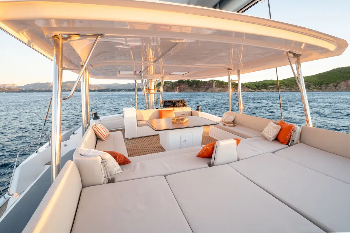 Deck of Corto Maltese II, a Bali 5.8 catamaran at Olbia, Italy
