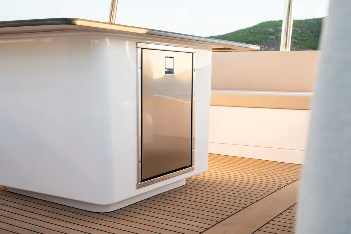Deck of Corto Maltese II, a Bali 5.8 catamaran at Olbia, Italy