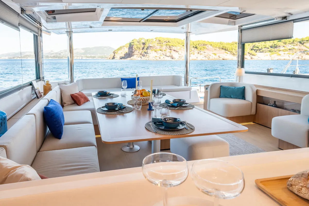 Salon of Corto Maltese II, a Bali 5.8 catamaran at Olbia, Italy