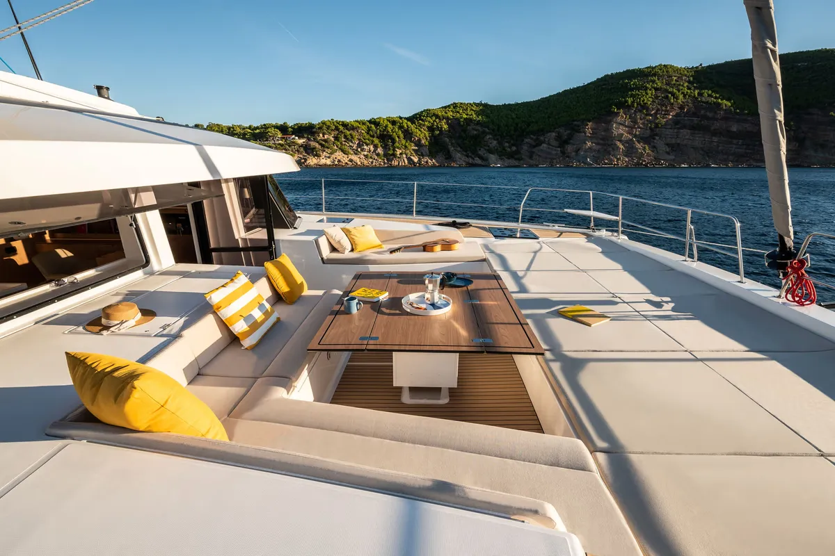 Deck of Corto Maltese II, a Bali 5.8 catamaran at Olbia, Italy