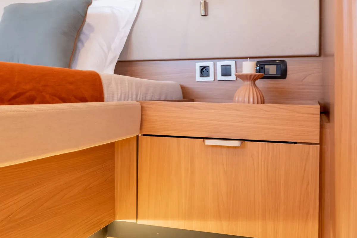 Cabin on Corto Maltese II, a Bali 5.8 catamaran at Olbia, Italy