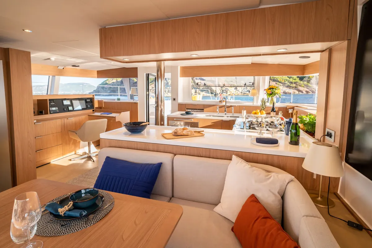 Salon of Corto Maltese II, a Bali 5.8 catamaran at Olbia, Italy