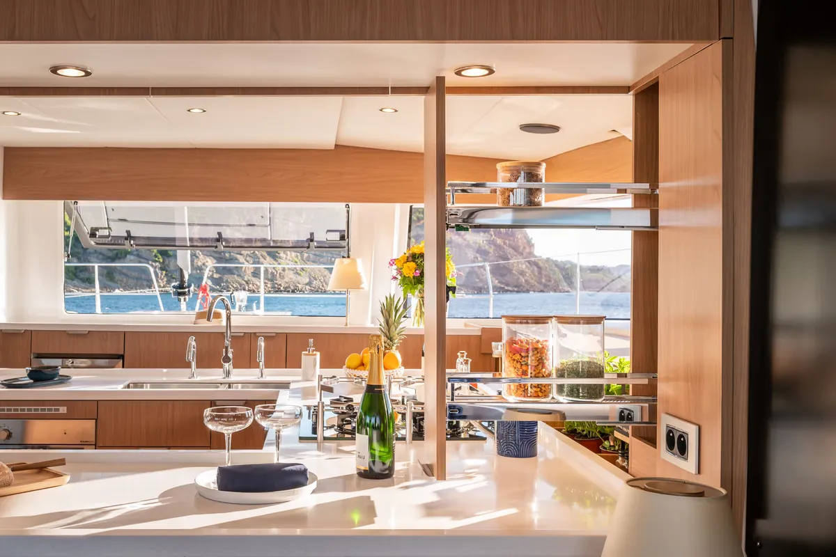 Galley of Corto Maltese II, a Bali 5.8 catamaran at Olbia, Italy