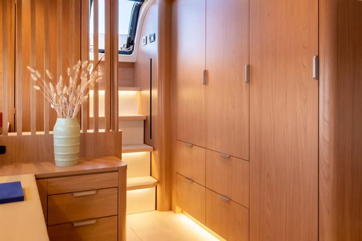 Cabin on Corto Maltese II, a Bali 5.8 catamaran at Olbia, Italy