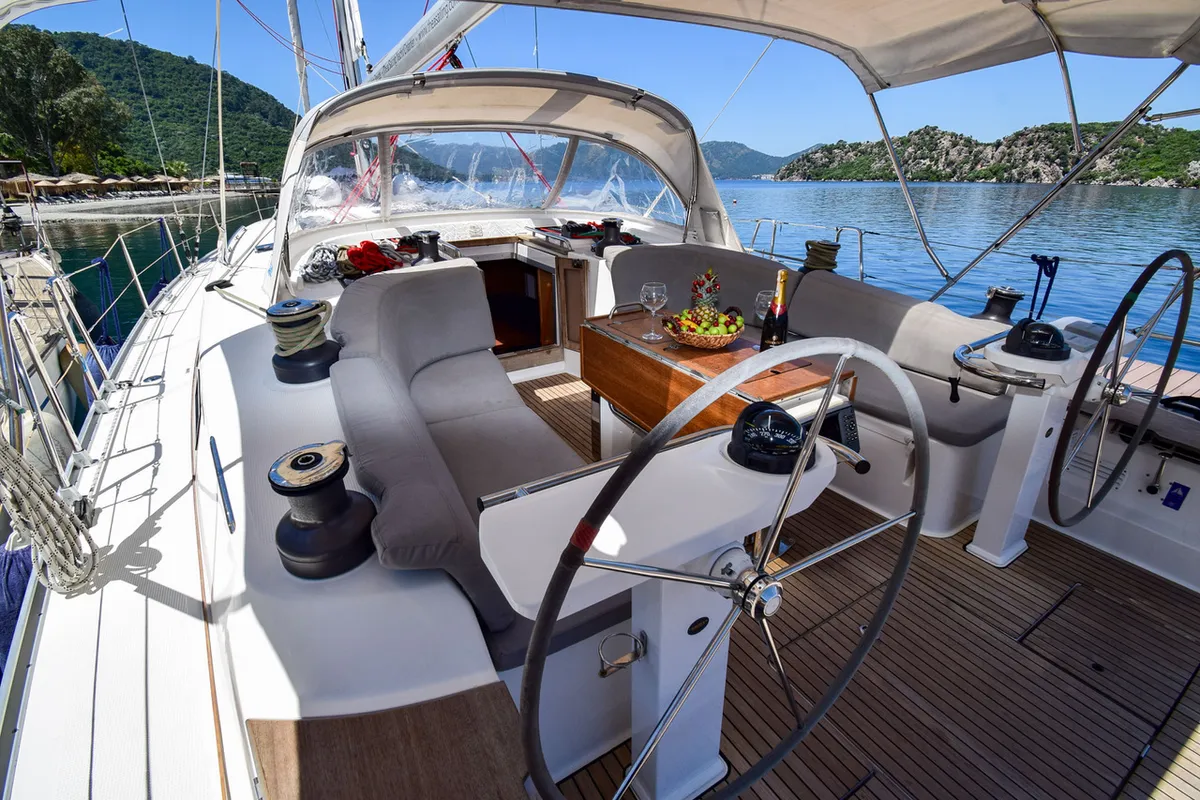 Head on MINA, a Bavaria 50 Cruiser sailboat at Marmaris, Turkey