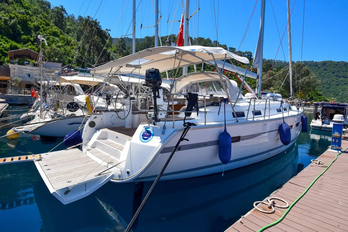 Exterior view of MINA, a Bavaria 50 Cruiser sailboat at Marmaris, Turkey