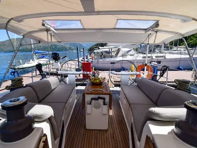 Deck of MINA, a Bavaria 50 Cruiser sailboat at Marmaris, Turkey