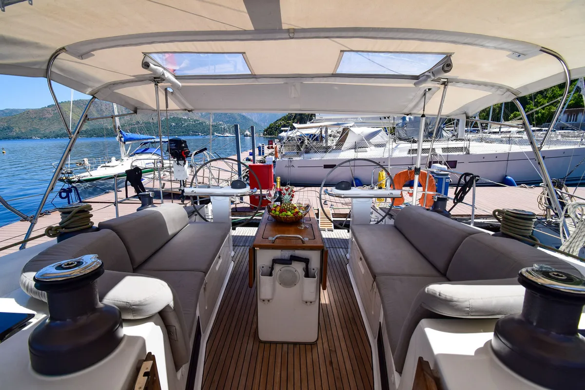 Deck of MINA, a Bavaria 50 Cruiser sailboat at Marmaris, Turkey