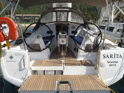 Cockpit of Sarita, a Jeanneau Sun Odyssey 349 sailboat at Fethiye, Turkey