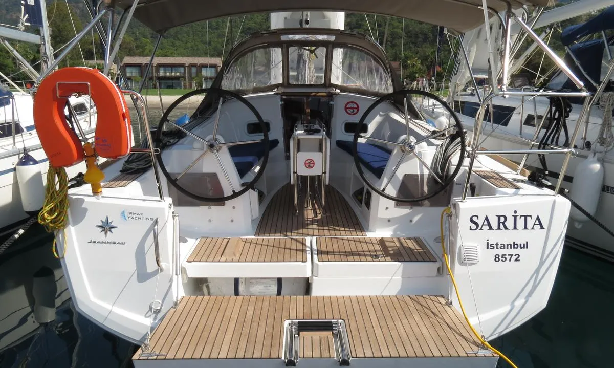 Cockpit of Sarita, a Jeanneau Sun Odyssey 349 sailboat at Fethiye, Turkey