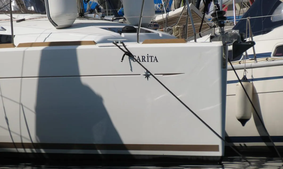 Exterior view of Sarita, a Jeanneau Sun Odyssey 349 sailboat at Fethiye, Turkey