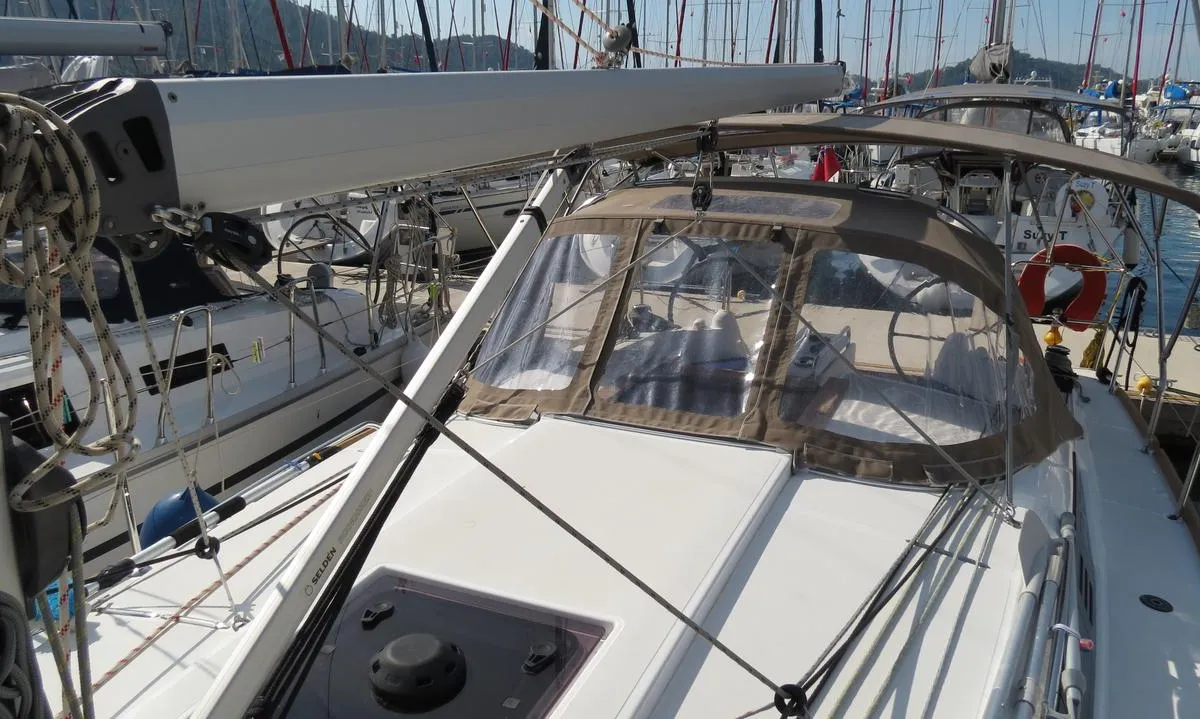 Deck of Sarita, a Jeanneau Sun Odyssey 349 sailboat at Fethiye, Turkey