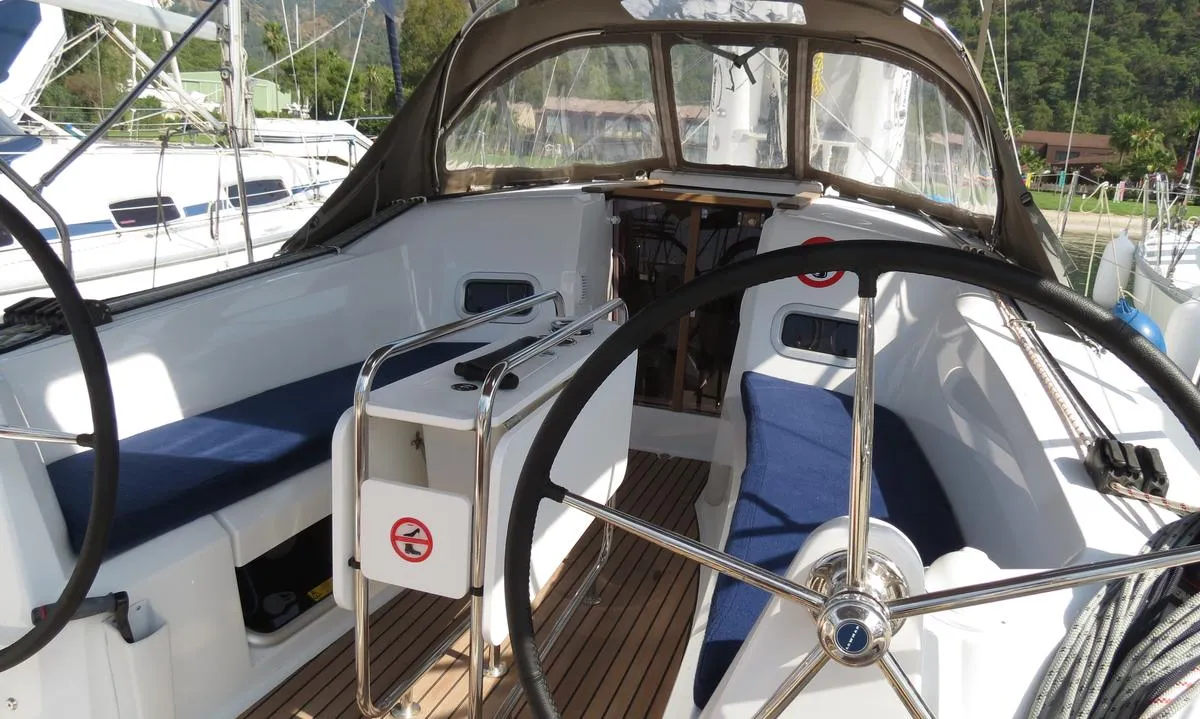 Cockpit of Sarita, a Jeanneau Sun Odyssey 349 sailboat at Fethiye, Turkey