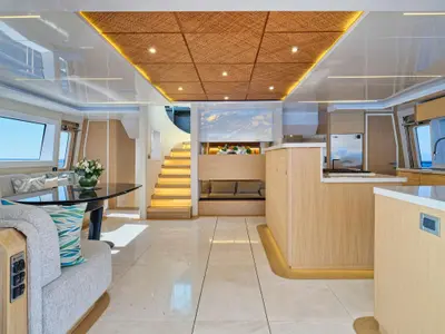 Salon of Samara, a Power Cat 80 catamaran at Piraeus, Greece