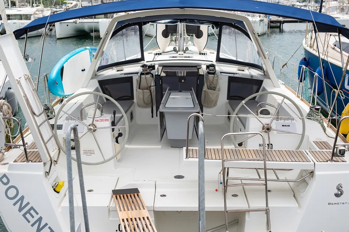 Cockpit of Ponente, a Beneteau Oceanis 45 sailboat at Punat, Croatia