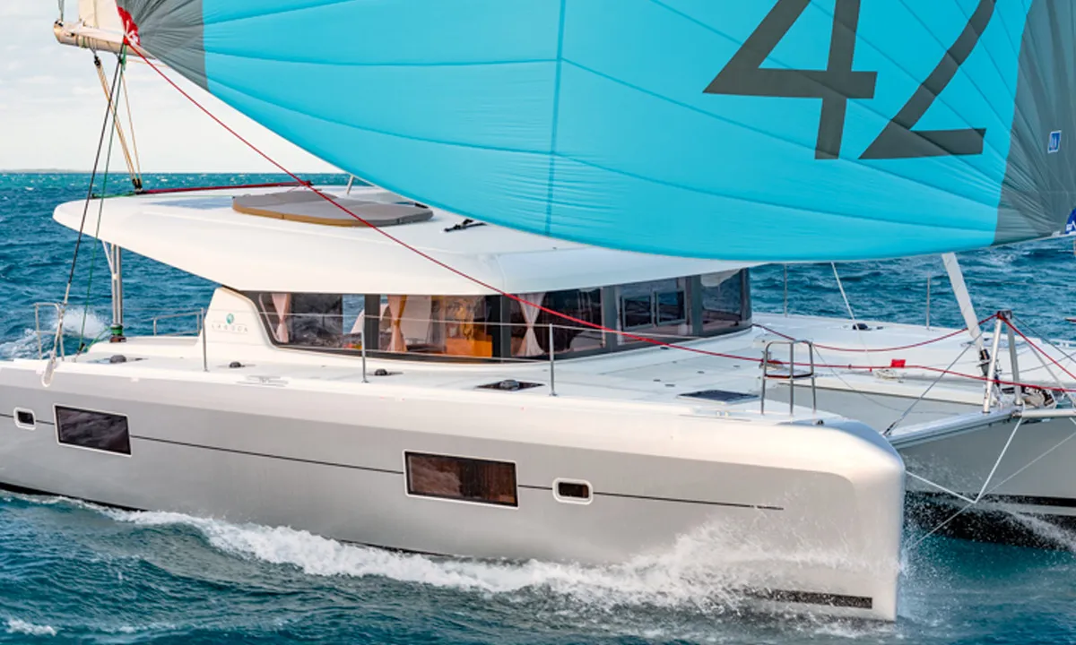 Exterior view of Alas, a Lagoon 42 catamaran at Parikia, Greece
