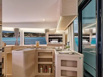 Galley of Alas, a Lagoon 42 catamaran at Parikia, Greece