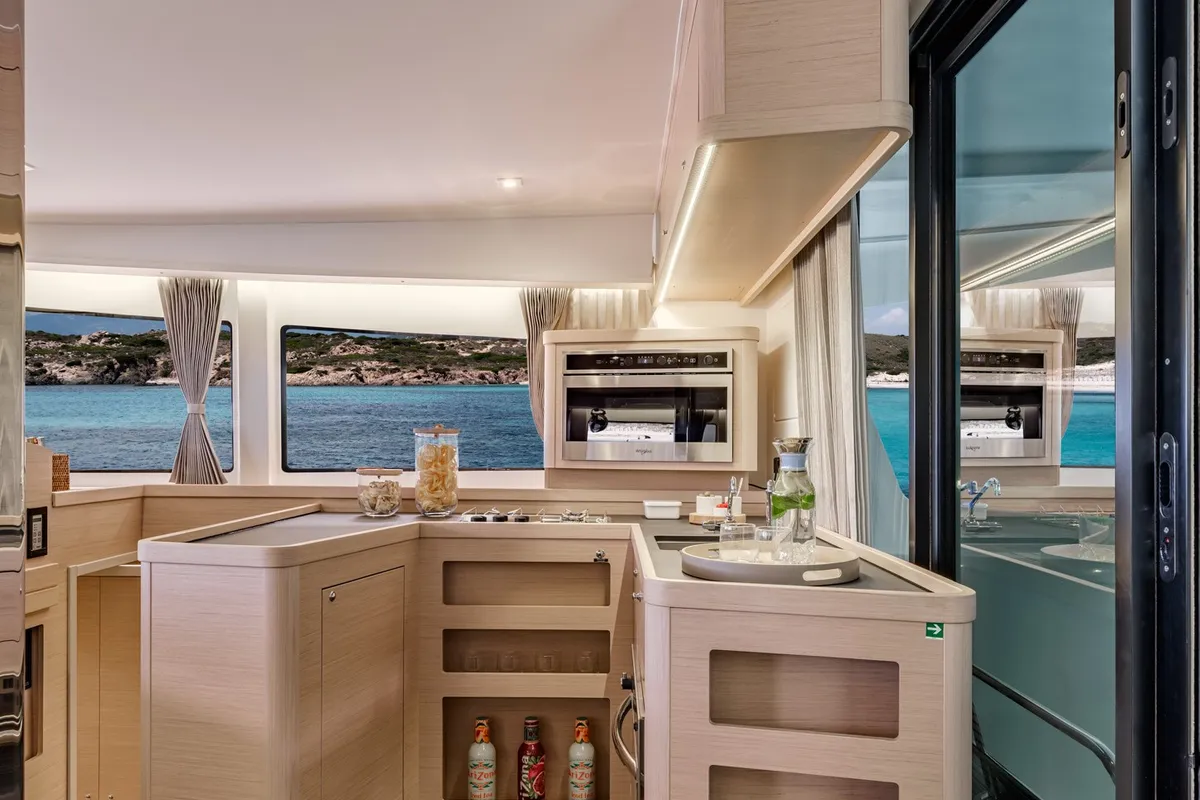 Galley of Alas, a Lagoon 42 catamaran at Parikia, Greece