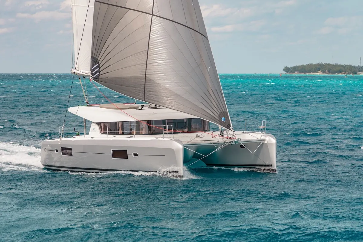Exterior view of Alas, a Lagoon 42 catamaran at Parikia, Greece