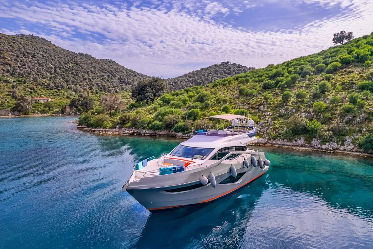 Exterior view of Journey, a Numarine 62 Flybridge motor yacht at Fethiye, Turkey