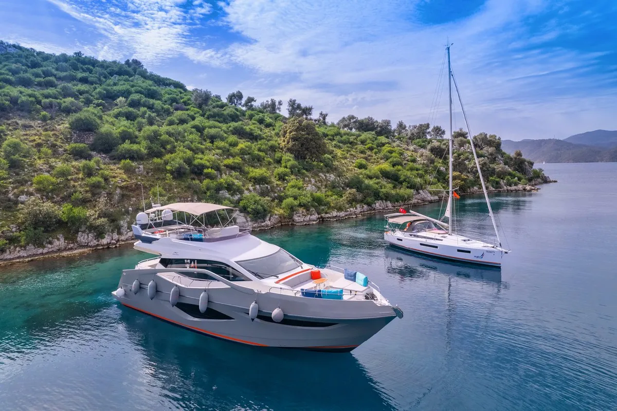 Exterior view of Journey, a Numarine 62 Flybridge motor yacht at Fethiye, Turkey