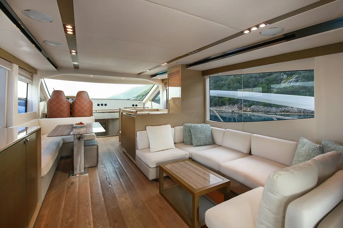 Salon of Journey, a Numarine 62 Flybridge motor yacht at Fethiye, Turkey