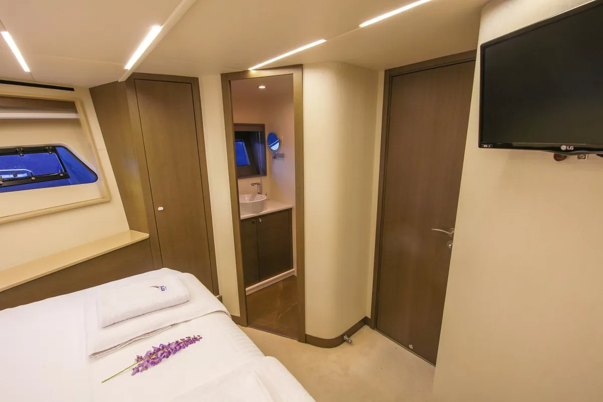 Cabin on Journey, a Numarine 62 Flybridge motor yacht at Fethiye, Turkey