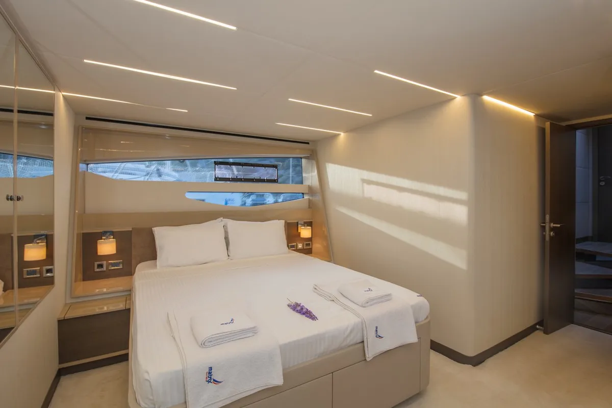 Cabin on Journey, a Numarine 62 Flybridge motor yacht at Fethiye, Turkey