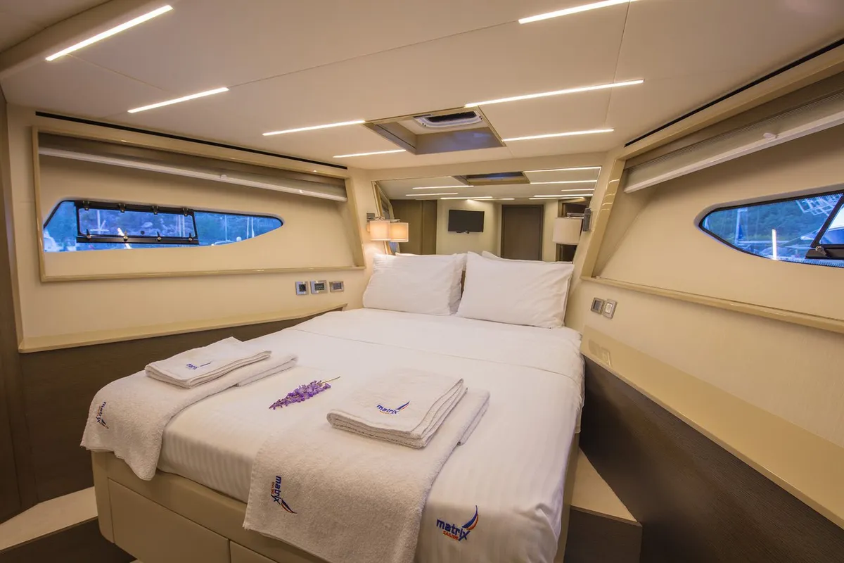 Cabin on Journey, a Numarine 62 Flybridge motor yacht at Fethiye, Turkey