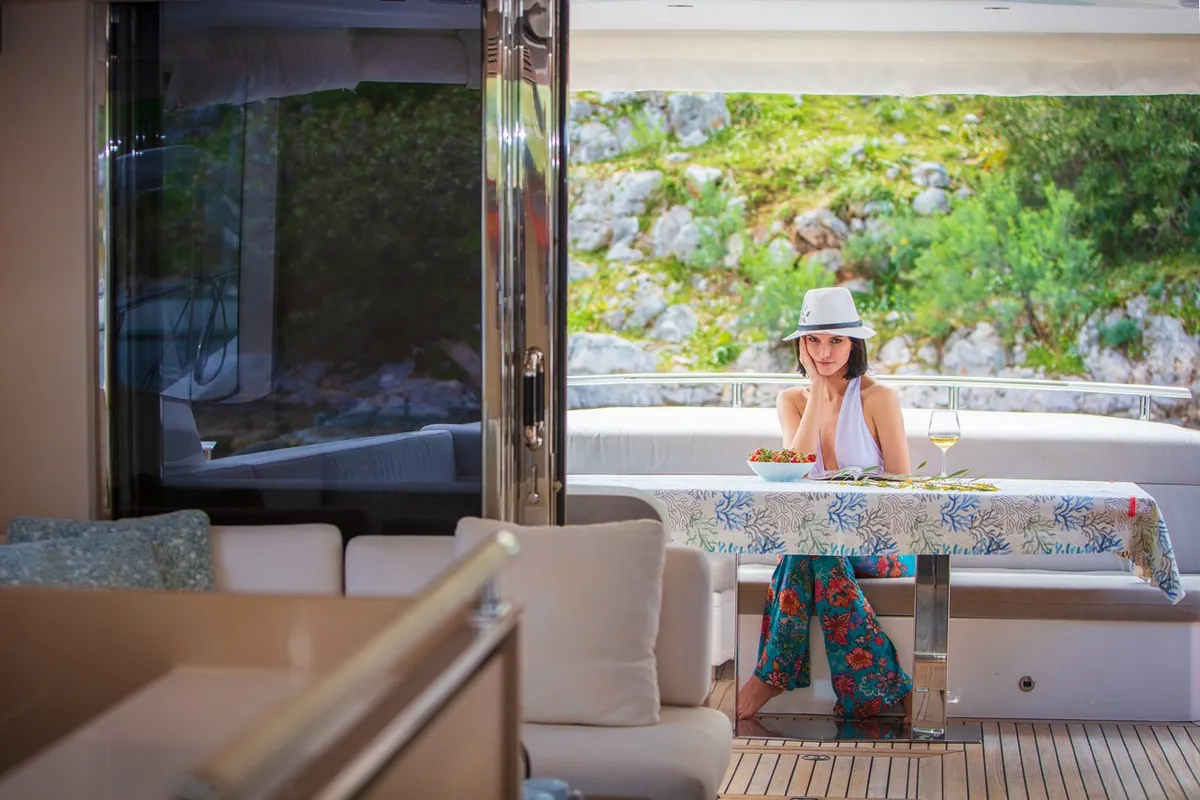 Deck of Journey, a Numarine 62 Flybridge motor yacht at Fethiye, Turkey